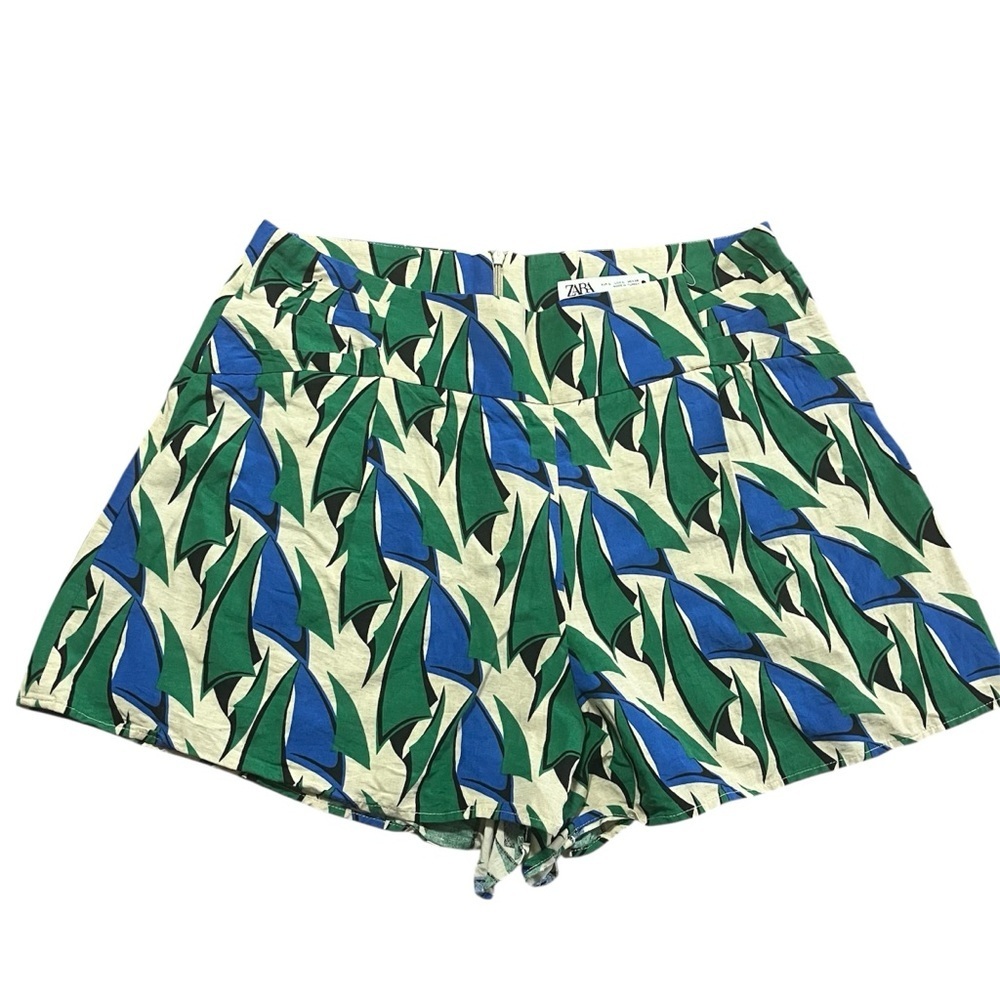 Zara Green & Blue Linen Blend Pleated Women’s Shorts Size Large Summer Resort